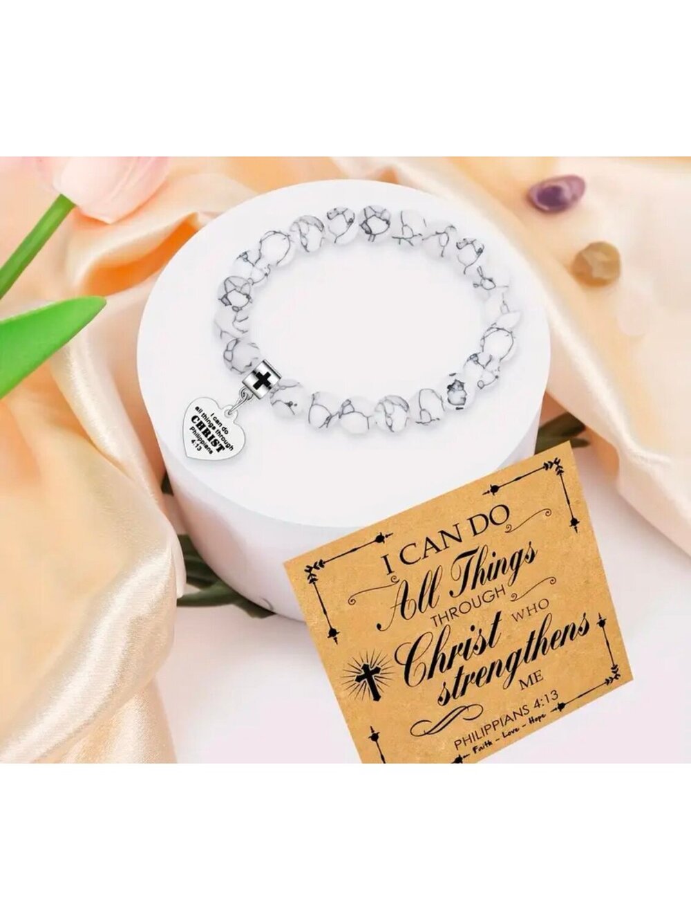 New - Retro White Stone Bead Bracelet with Inspirational Quote